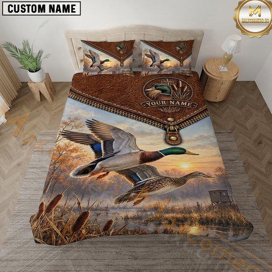 Maxcorners Duck Hunting Mallard Rustic Leather Marshland Artwork Multiple Options Personalized Name 3D Printed Bedding Set