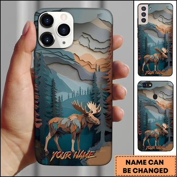 Maxcorners Moose Wildlife Layered Paper Cut Mountain Forest Multiple Options Personalized Name Phone Case