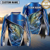 Maxcorners Fishing Shirt Royal Blue Metallic Silver Geometric Pattern Multiple Options Personalized Name, Team Name 3D Long Sleeve Shirt (13 Fish Species)