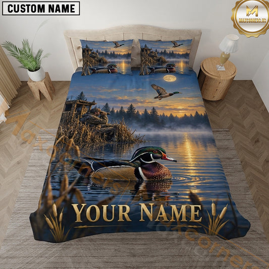 Maxcorners Duck Hunting Wood Duck Moonlit Lake Marshland Artwork Multiple Options Personalized Name 3D Printed Bedding Set