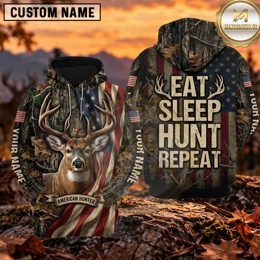 Maxcorners Deer Hunter Eat Sleep Hunt Repeat Personalized Name 3D Hoodie