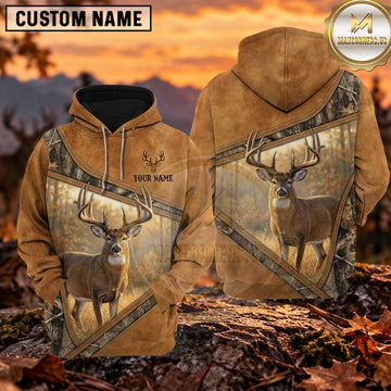 Maxcorners Whitetail Buck Rustic Leather Woodland Personalized Name 3D Hoodie