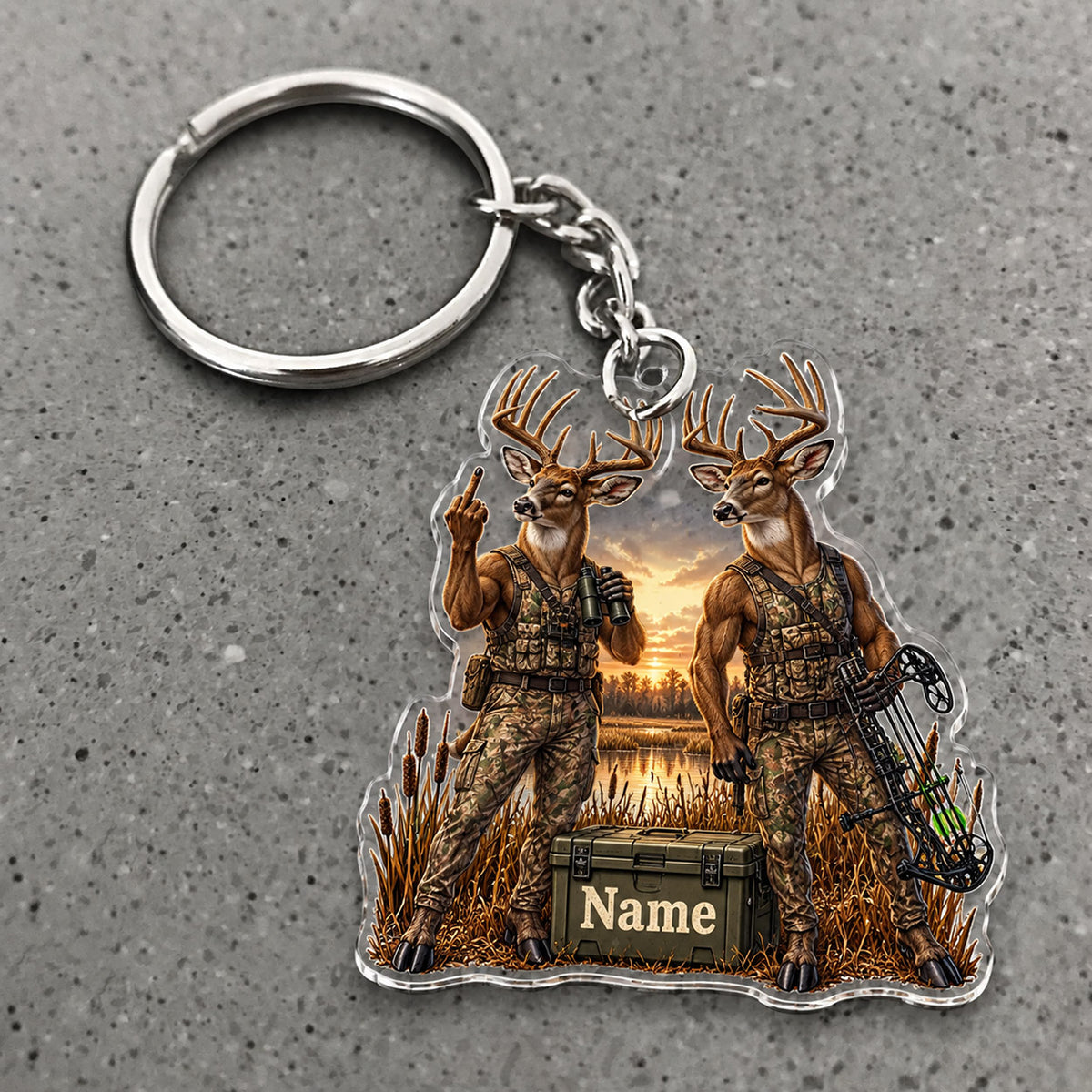 Maxcorners Deer Hunting Buddies Sunset Camp Adventure Custom Name Trap Hunting Custom Gift 2D Flat Acrylic Ornament, Keychain