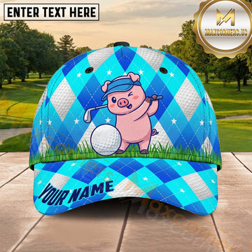 Maxcorners Golf Cute Pig Blue Argyle Cartoon Personalized Name 3D Cap