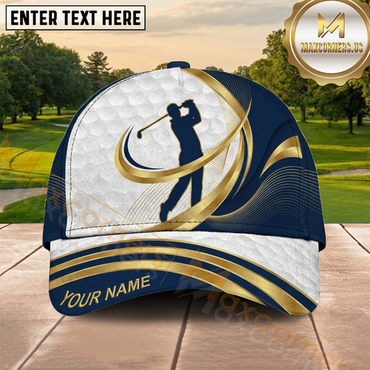 Maxcorners Golf Classic White Navy Gold Golfer Personalized Name 3D Cap
