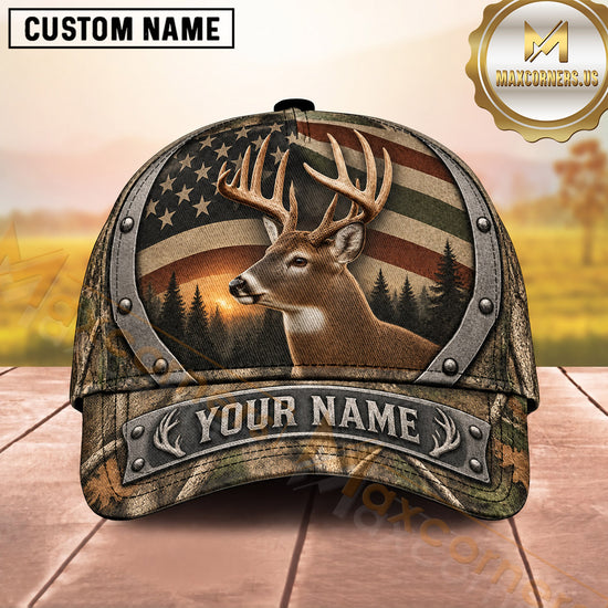 Maxcorners Deer Hunting Buck Sunset Forest Landscape Design  Personalized Name 3D Cap