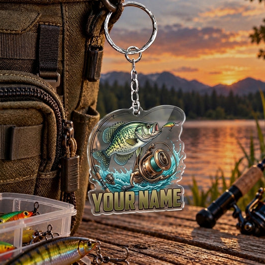 Maxcorners Metallic Silver Fishing Reel Artwork Personalized Name 2D Acrylic Keychain Ornament (8 Fish Species)