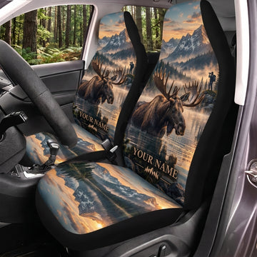 Maxcorners Moose Hunting Mountain Sunset Personalized Name Car Seat Covers