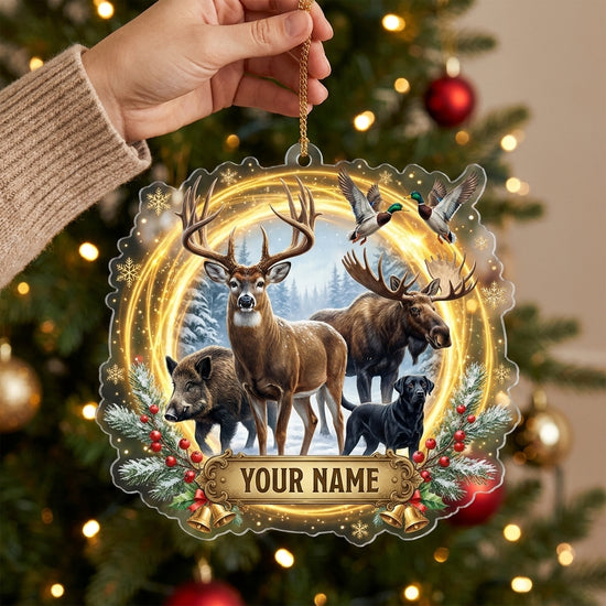 Maxcorners Deer and Moose Golden Winter Woodland Personalized Name Christmas Ornament