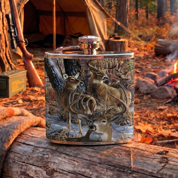 Maxcorners Deer Hunting Majestic Buck and Dense Woodland Camouflage Multiple Options 3D Hip Flask