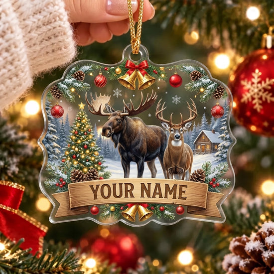 Maxcorners Moose and Deer Christmas Winter Forest Personalized Name Christmas Ornament