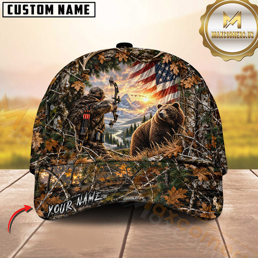 Maxcorners Deer Hunting Bowhunting Buck American Flag Forest Camo Artwork Multiple Options Personalized Name 3D Cap