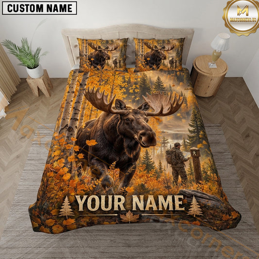 Maxcorners Moose Hunting Autumn Forest Hunter Wilderness Scene Multiple Options Personalized Name 3D Printed Bedding Set