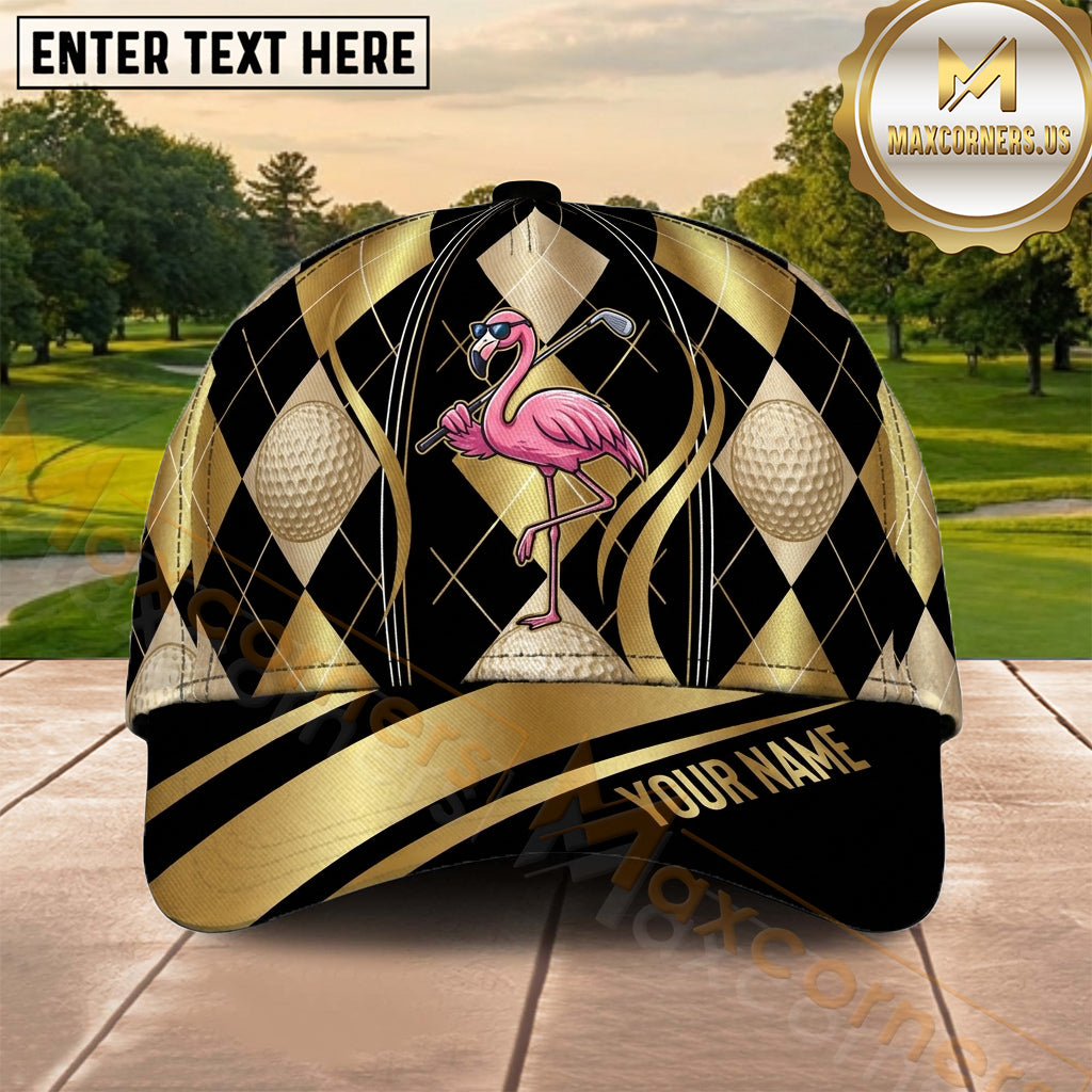 Maxcorners Golf Luxury Black Gold Flamingo Argyle Personalized Name 3D Cap