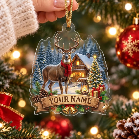 Maxcorners Whitetail Deer Winter Cabin Scene Personalized Name Christmas Ornament