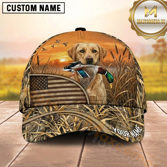 Maxcorners Golden Sunset American Flag Duck Hunting With Dogs Multi Options Personalized Name 3D Cap