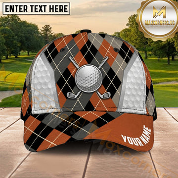 Maxcorners Golf Brown Black Argyle Golf Ball Personalized Name 3D Cap