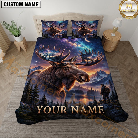 Maxcorners Moose Hunting Northern Lights Mountain Forest Wildlife Artwork Multiple Options Personalized Name 3D Printed Bedding Set