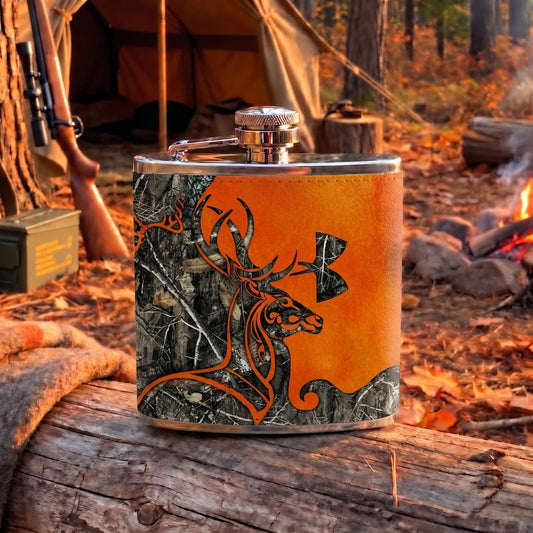 Maxcorners Deer Hunting Tribal Antler and Outdoor Hunting Graphic Multiple Options 3D Hip Flask