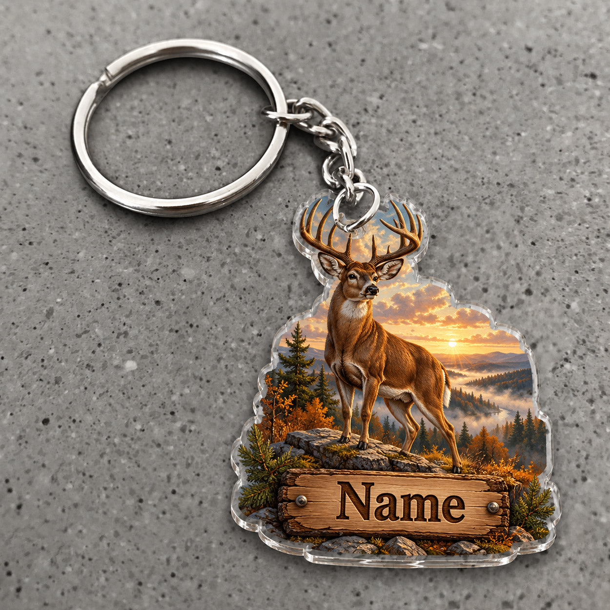 Maxcorners Whitetail Deer Hunting Mountain Sunset Wood Sign Custom Name Trap Hunting Custom Gift 2D Flat Acrylic Ornament, Keychain