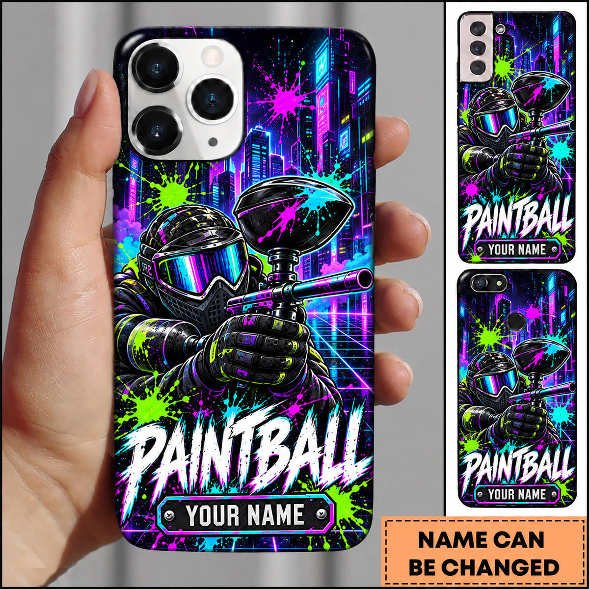 Maxcorners Paintball Neon Graffiti Masked Warrior Personalized Name 3D Phone Case