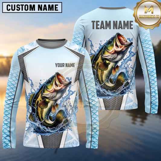 Maxcorners Fishing Shirt Ice Blue Fish Scale Honeycomb Pattern Multiple Options Personalized Name, Team Name 3D Long Sleeve Shirt (13 Fish Species)