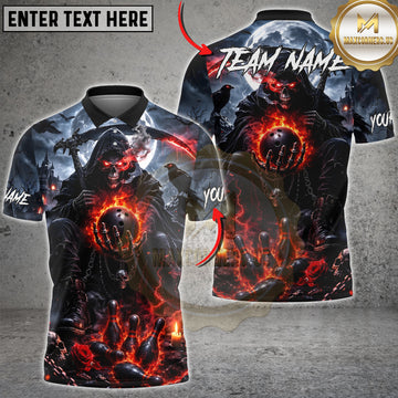 Maxcorners Bowling Grim Reaper Flaming Ball and Pins Multiple Options Personalized Name, Team Name 3D Shirt