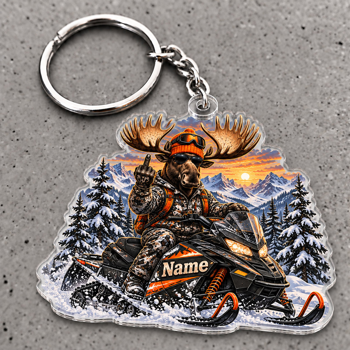 Maxcorners Moose Hunting Snowmobile Winter Adventure Custom Name Trap Hunting Custom Gift 2D Flat Acrylic Ornament, Keychain