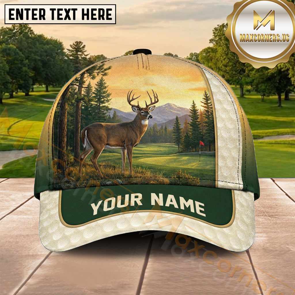 Maxcorners Golf Majestic Deer Sunset Landscape Personalized Name 3D Cap