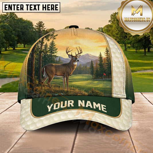 Maxcorners Golf Majestic Deer Sunset Landscape Personalized Name 3D Cap