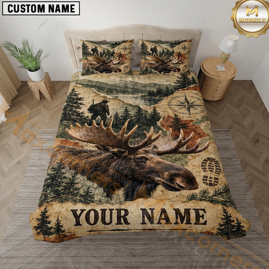 Maxcorners Moose Hunting Vintage Forest Compass Wilderness Artwork Multiple Options Personalized Name 3D Printed Bedding Set