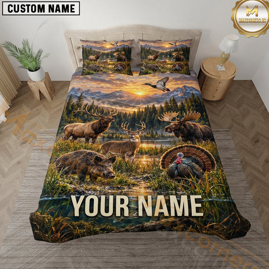 Maxcorners Wildlife Outdoor Hunting Mountain Sunset Wilderness Scene Multiple Options Personalized Name 3D Printed Bedding Set