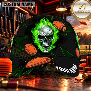 Maxcorners Flaming Skull Clay Targets Trap Shooting Personalized Name 3D Cap