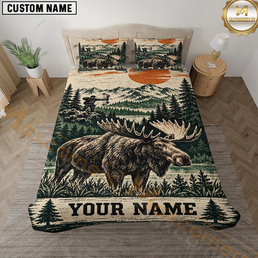 Maxcorners Moose Hunting Mountain Sunset Forest Vintage Artwork Multiple Options Personalized Name 3D Printed Bedding Set