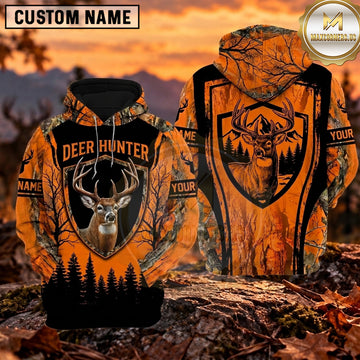 Maxcorners Deer Hunter Antler Shield Forest Silhouette Personalized Name 3D Hoodie
