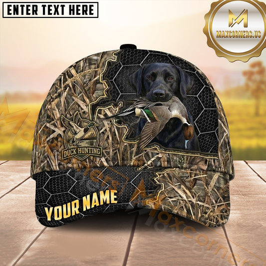 Maxcorners Black Honeycomb Camo Duck Emblem Dog Hunting Multicolor Options Personalized Name 3D Cap
