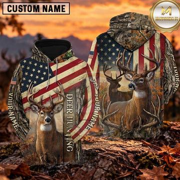 Maxcorners Patriotic Whitetail Buck American Flag Personalized Name 3D Hoodie