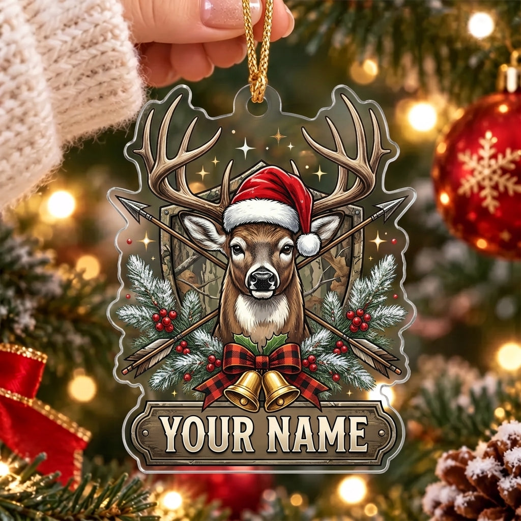 Maxcorners Whitetail Buck Santa Hat Christmas Bells Personalized Name Christmas Ornament