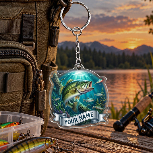 Maxcorners Turquoise Ocean Fishing Scene Personalized Name 2D Acrylic Keychain Ornament (8 Fish Species)