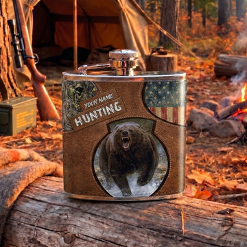 Maxcorners Bear Hunting American Flag and Wildlife Portrait Multiple Options Personalized Name 3D Hip Flask