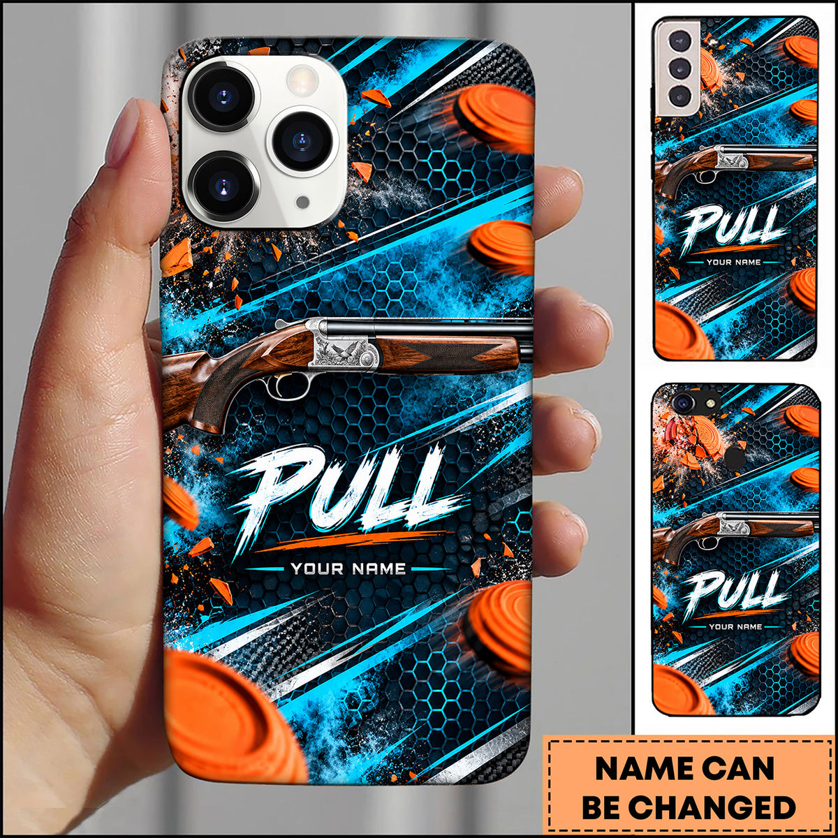 Maxcorners Clay Shooting Over Under Shotgun Blue Carbon Clay Targets Personalized Name 3D Phone Case