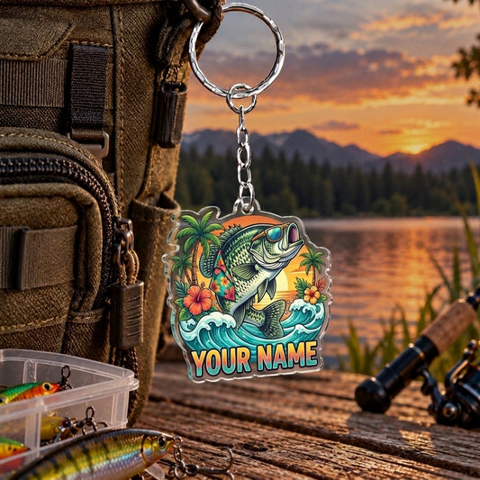 Maxcorners Tropical Floral Fishing Artwork Personalized Name 2D Acrylic Keychain Ornament (8 Fish Species)