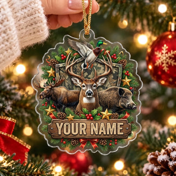 Maxcorners Deer Moose and Boar Holly Christmas Personalized Name Christmas Ornament