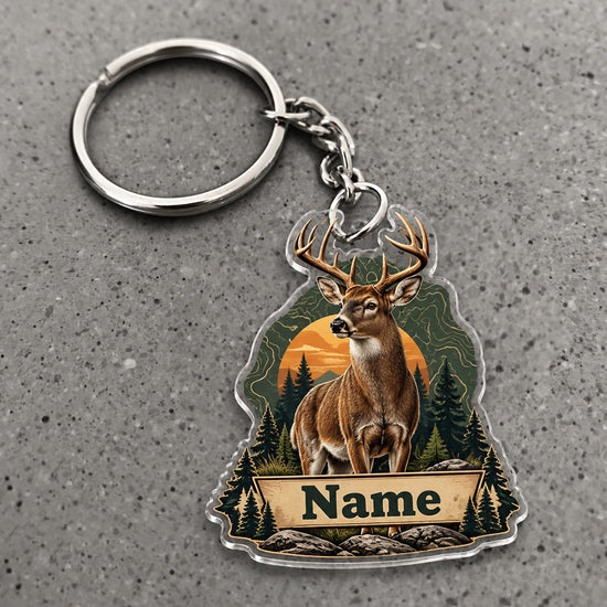 Maxcorners Whitetail Deer Hunting Sunset Pine Forest Badge Custom Name Trap Hunting Custom Gift 2D Flat Acrylic Ornament, Keychain
