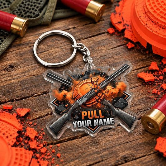 Maxcorners Black Orange Shotgun Explosion Trap Shooting Personalized Name Acrylic Keychain
