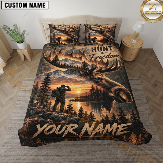 Maxcorners Moose Hunting Hunt Freedom Hunter Sunset Wilderness Scene Multiple Options Personalized Name 3D Printed Bedding Set