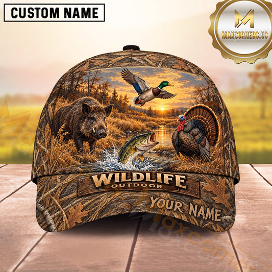 Maxcorners Wild Boar Duck Turkey Bass Golden Sunset Wildlife Outdoor Hunting Multicolor Options Personalized Name 3D Cap