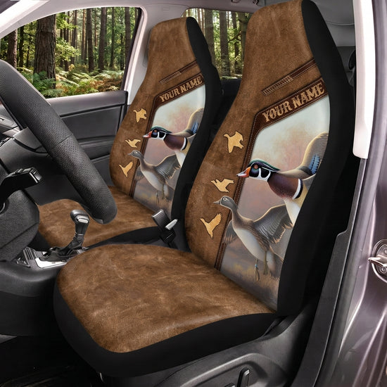 Maxcorners Duck Hunting Brown Leather Flying Waterfowl Personalized Name Car Seat Covers