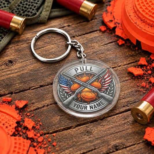 Maxcorners Patriotic Eagle Wings Clay Target Emblem Trap Shooting Personalized Name Acrylic Keychain