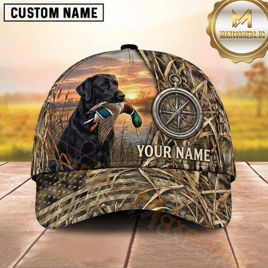 Maxcorners Sunset Marshland Compass Emblem Duck Hunting With Dogs Multi Options Personalized Name 3D Cap